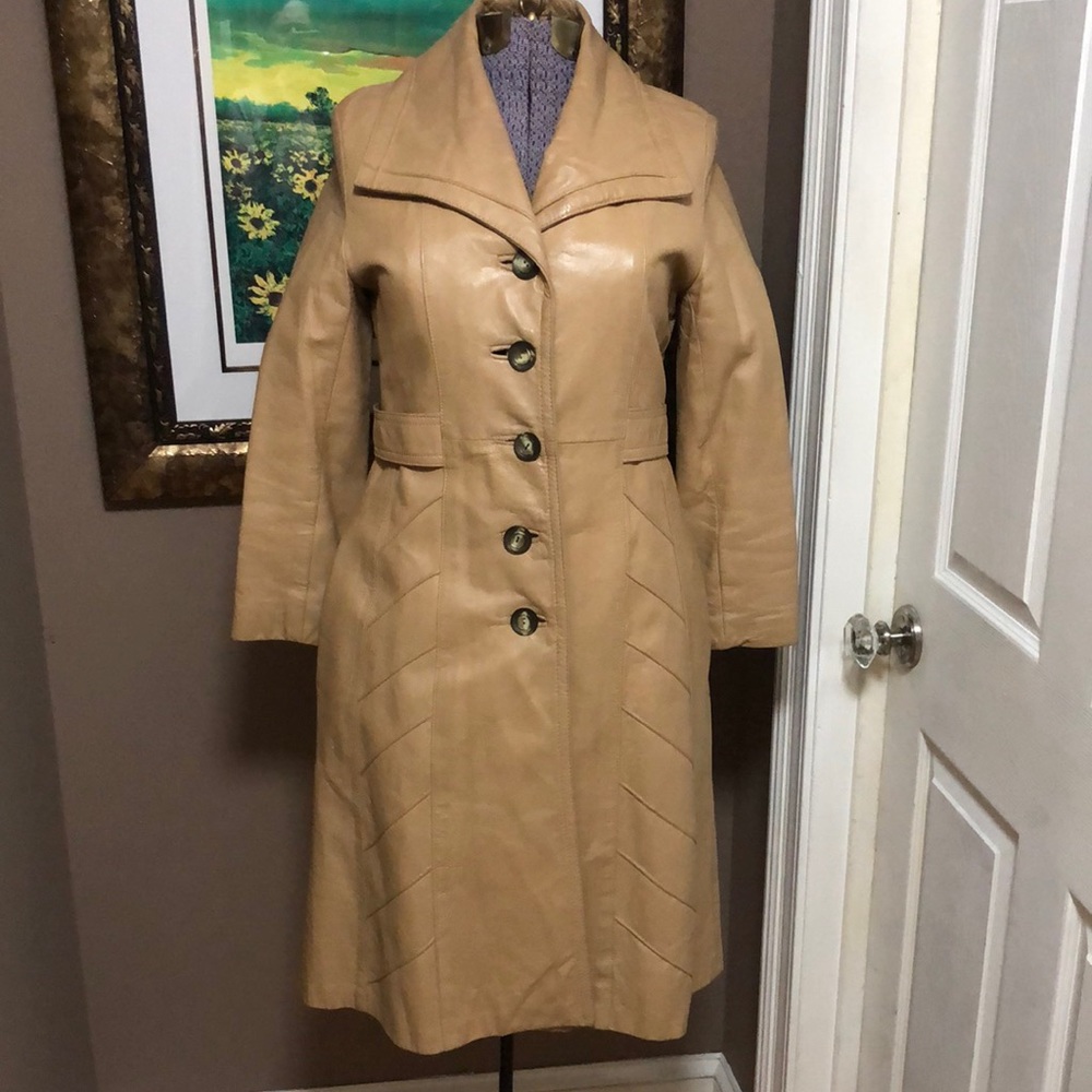 Vintage 1970s leather trench coat tan